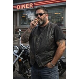 Vintage Black Leather Motorcycle Biker Vest Snap Front Size 40 Rockabilly Retro